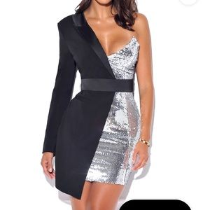 Silver Night One Sleeved Sequin Crepe Tuxedo Blazer Dress